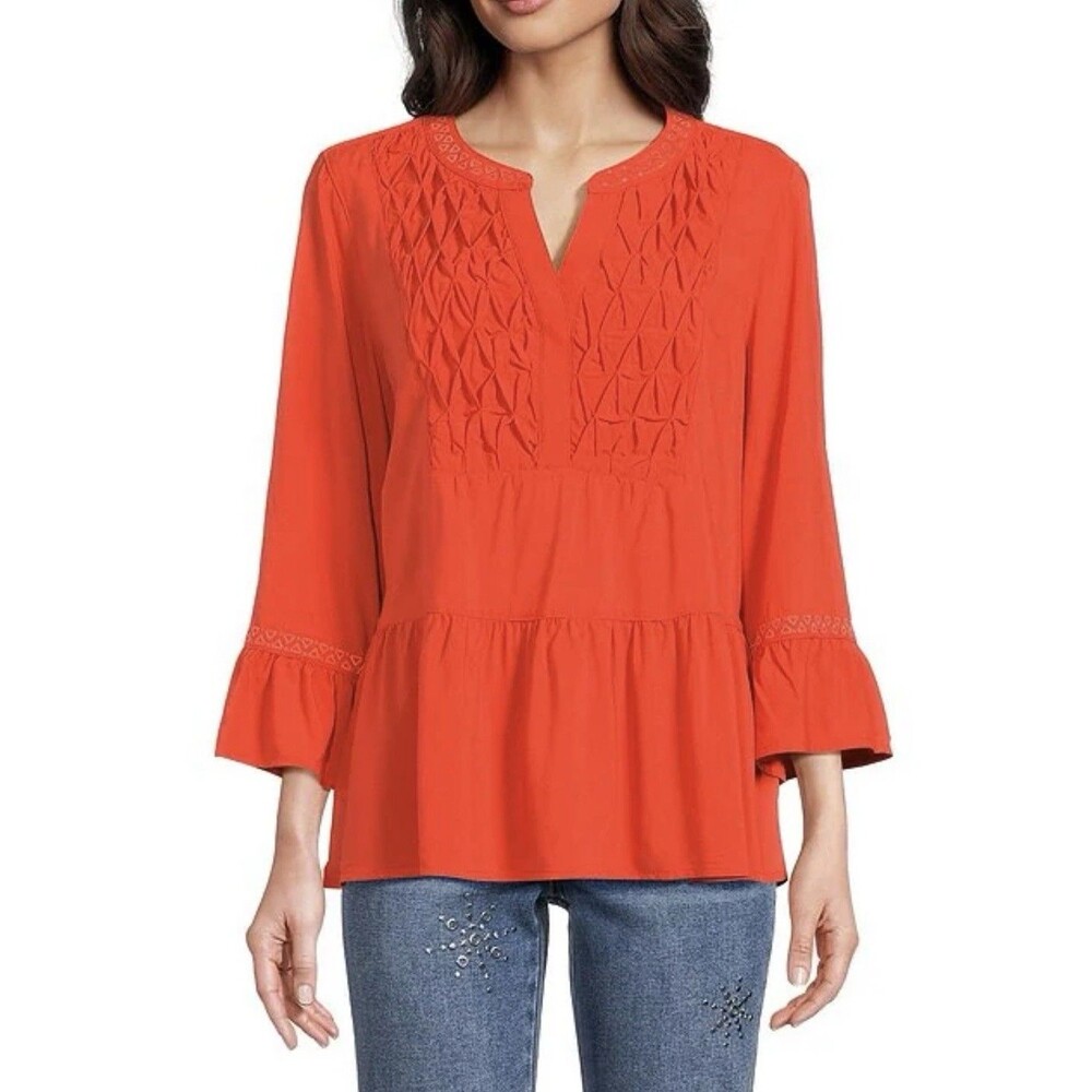 John Mark Embroidered Tunic Top Blouse Womens Size Medium Orange Boho Peasant